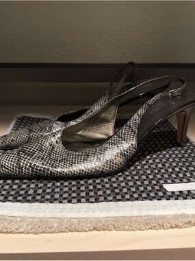 Pointed Slingback Heels in Metallic Black Snake Print